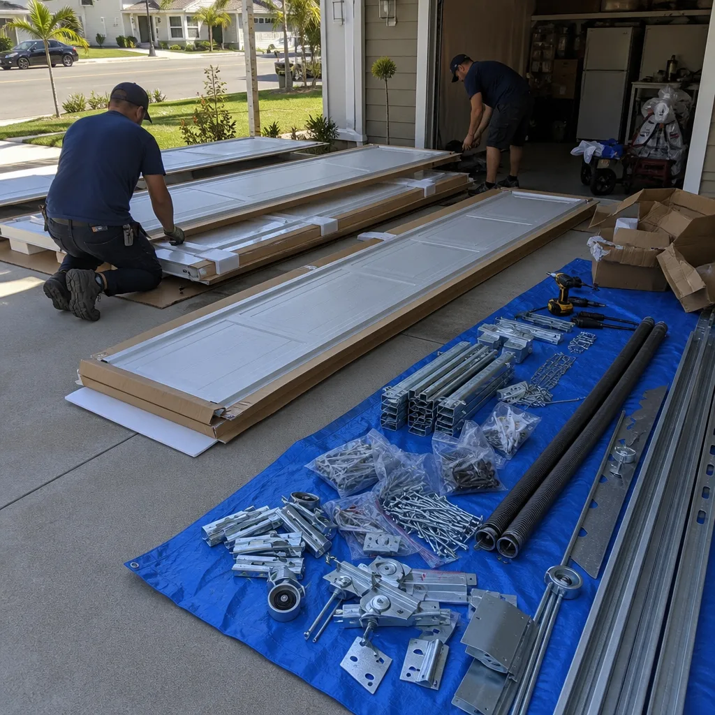 Professional technician organizing garage door panels and installation hardware