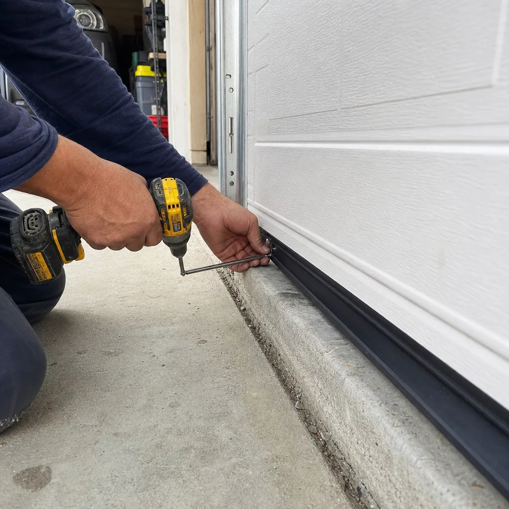Technician installing a garage door bottom seal with a power drill