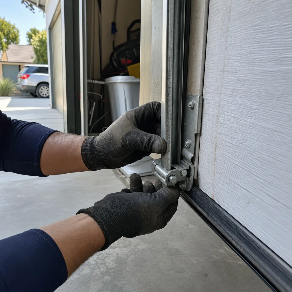Technician performing garage door maintenance and repair on a residential door
