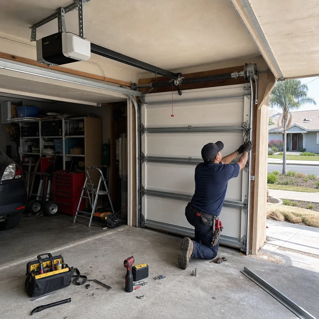Technician performing a professional garage door repair and maintenance service.