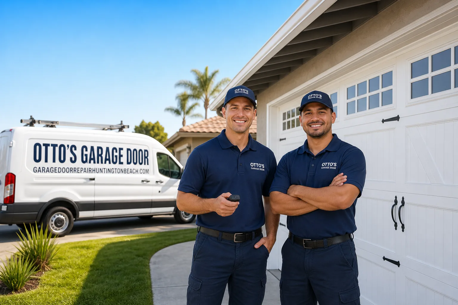 Otto's Garage Door garage door service vehicle and crew in Huntington Beach, CA